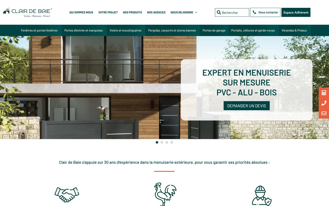 Page d'accueil du site Clair de Baie, réseau national de menuiserie extérieure, réalisé et accompagné par IPT