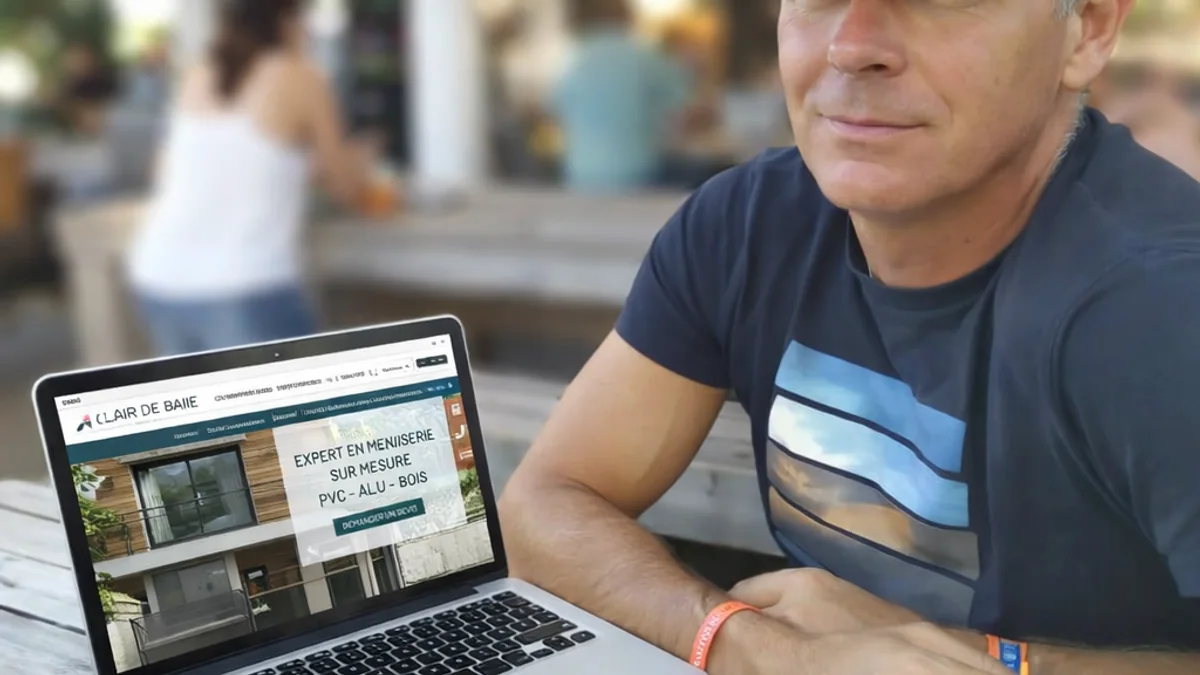 Stéphan, fondateur d'IPT, à une table avec un ordinateur portable affichant le site d'un client accompagné par IPT